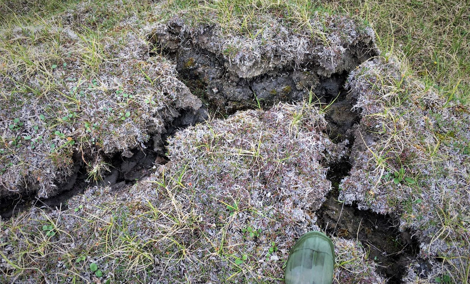 Photograph of cracks form in tundra soils as the surrounding ground collapses due to melting of underlying ice wedges