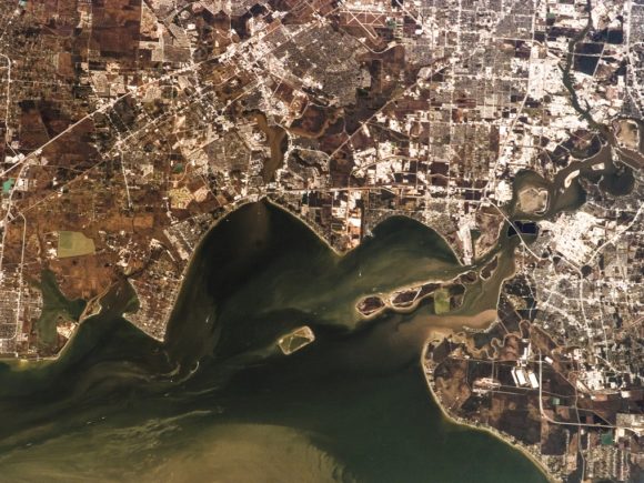Sepia satellite image of the city Galveston, Texas