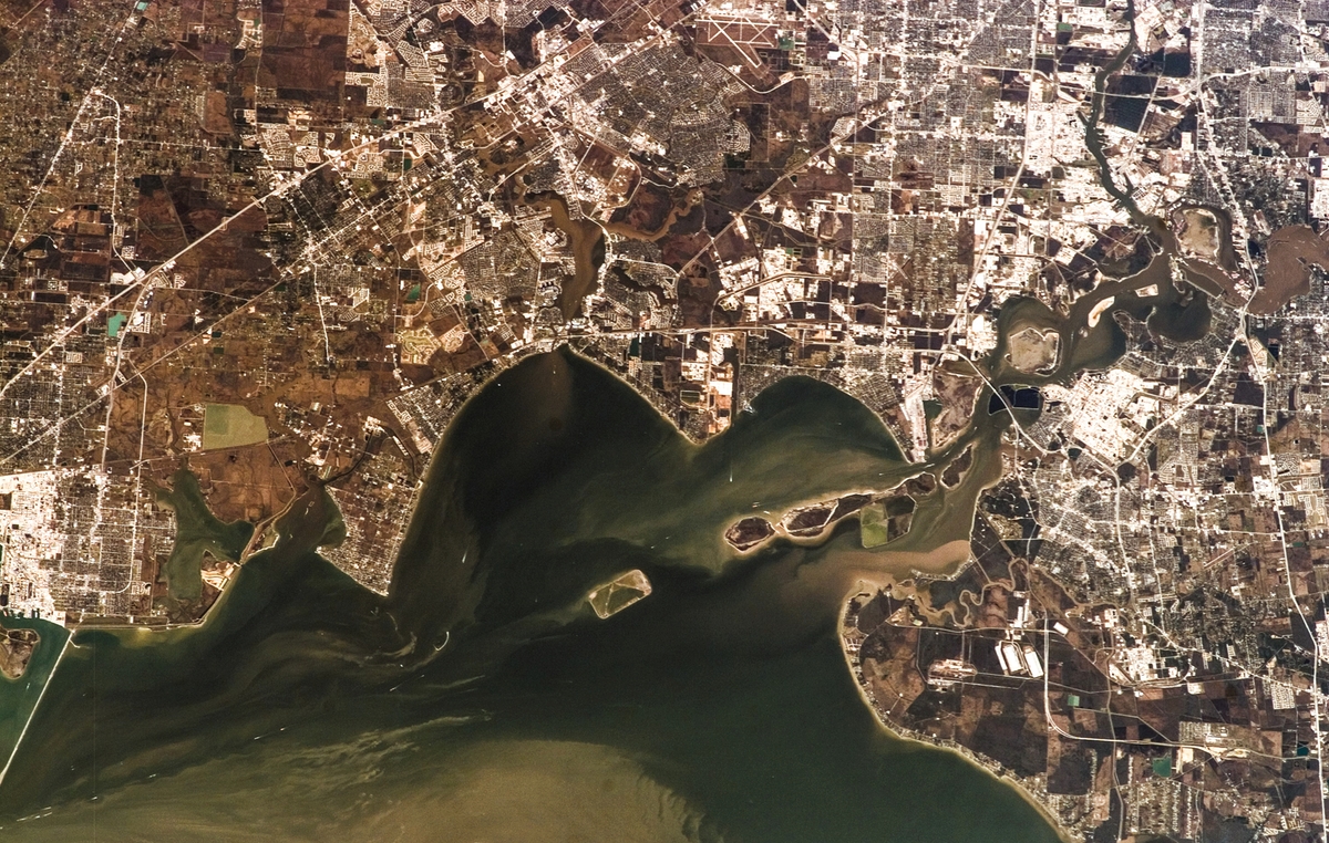 Sepia satellite image of the city Galveston, Texas