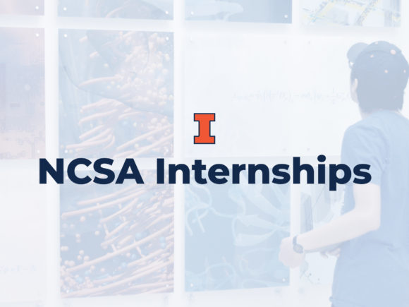 Greyed out image of student, with the text 'NCSA Internships' and the Illinois block I logo
