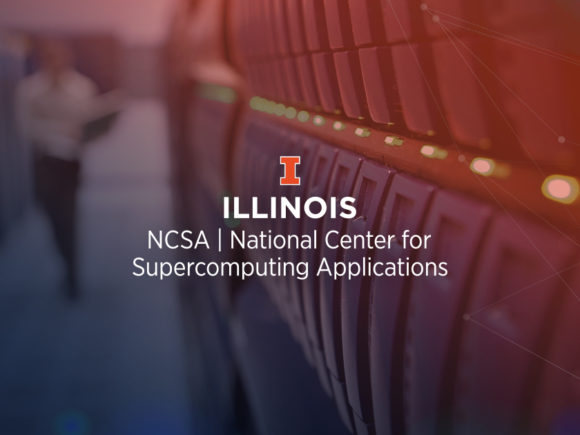 Blurred image in blue to orange gradient of computer hardware with the text, 'NCSA, National Center for Supercomputer Applications' and Illinois' block I logo
