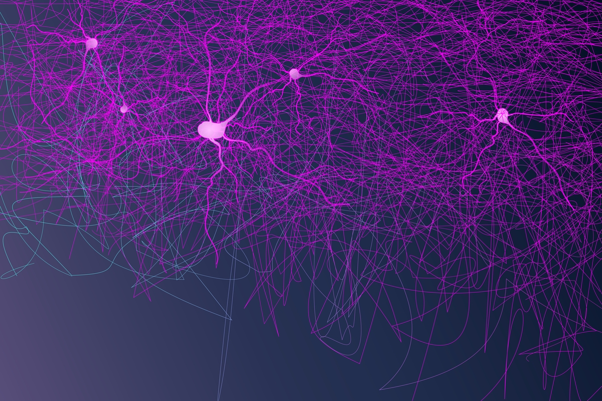 Artistic representation of scattered neurons and lines in purple on a blue background