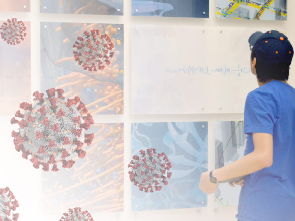 Light opacity image of student with stylized COVID-19 virus visualizations