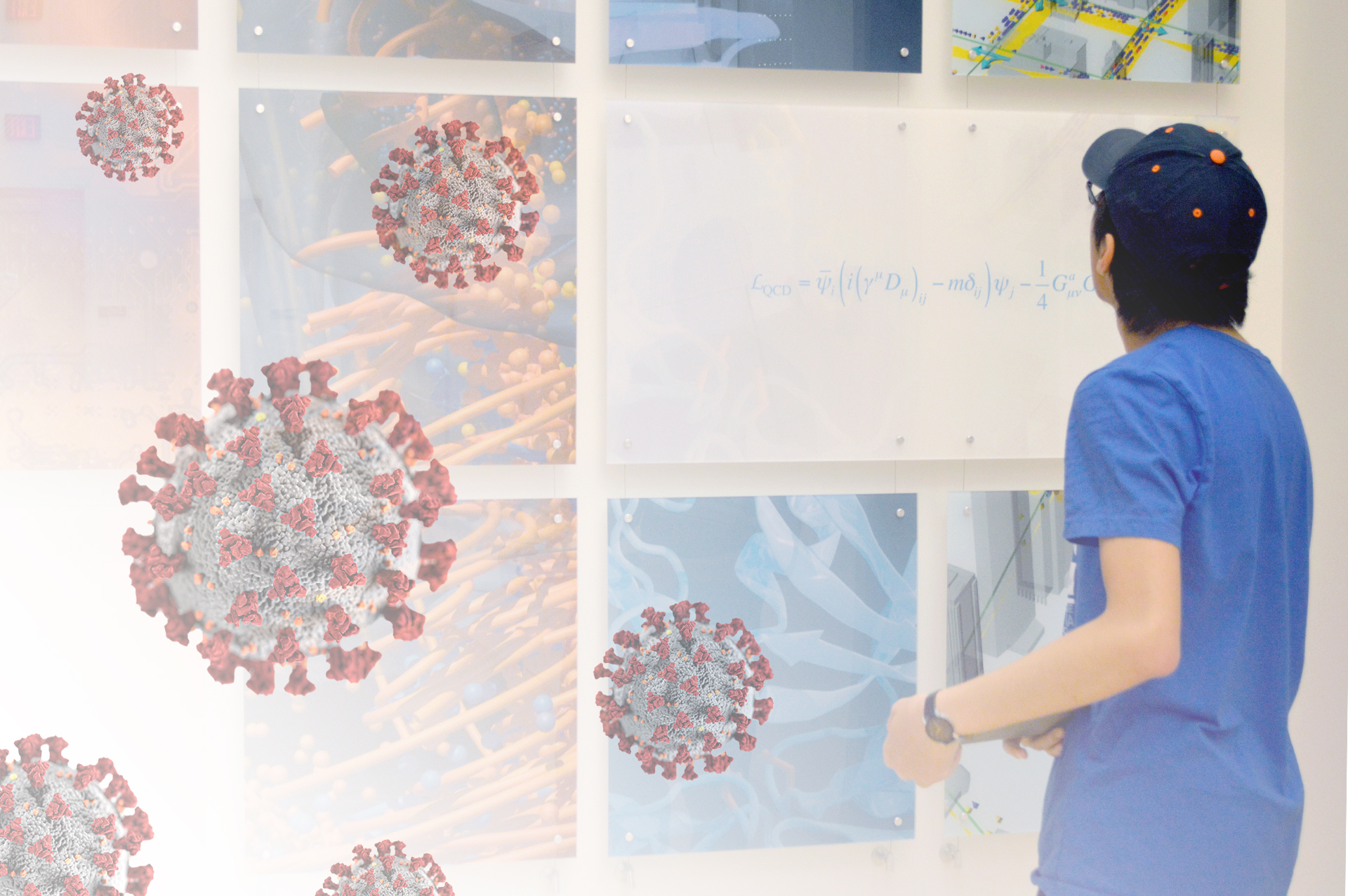 Light opacity image of student with stylized COVID-19 virus visualizations