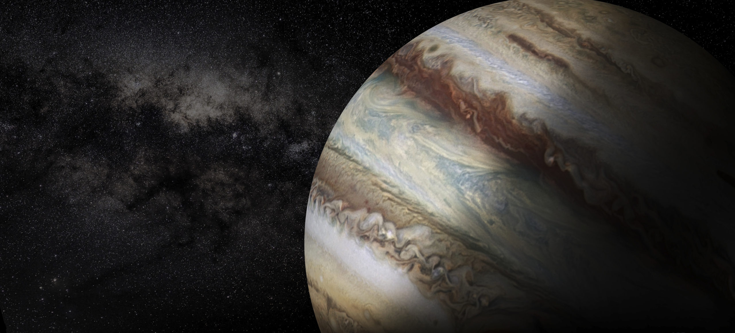 Artistic rendering of Jupiter in space showing the atmosphere's various hues of brown, orange, yellow, and beige