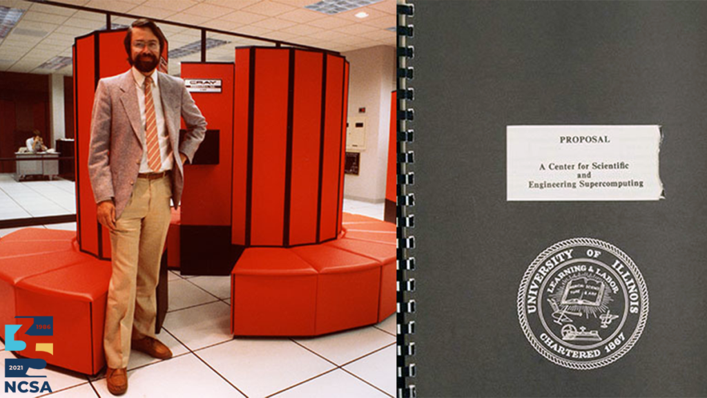 Photograph of Larry Smarr in 1986, the first director of NCSA, next to a Cray supercomputer along with a photographed cover of the original "A Center for Scientific and Engineering Supercomputing" proposal with the University of Illinois seal