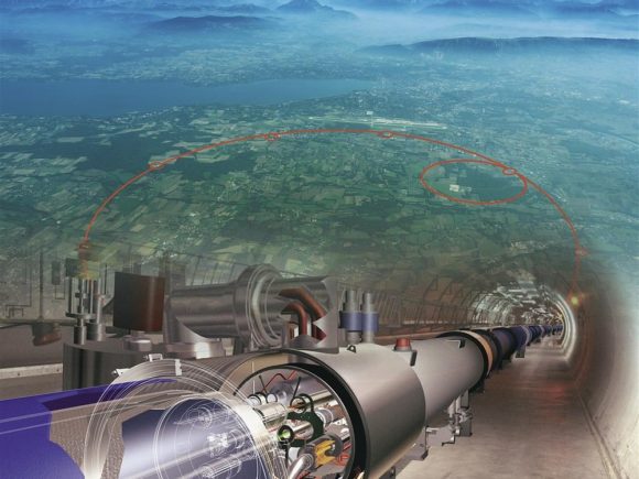 Rendering of the Large Hadron Collider showcasing the interior mechanics of the collider that then fades into an aerial view of a mountainous landscape and city