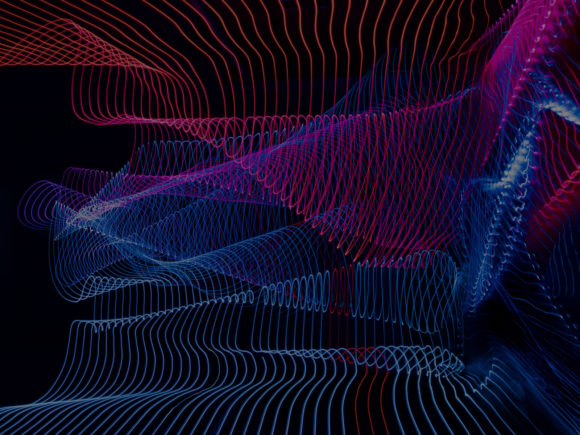 Abstract lines in wave formation that depicts motion from the top to bottom in red and blue