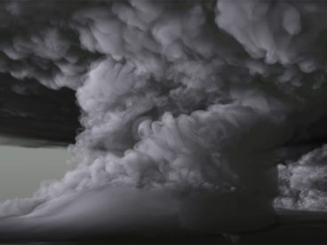 Digital visualization of an EF-5 tornado with swirling black and gray clouds