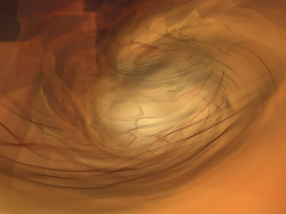 Visualization of Binary Neutron Stars moving in a circular rotation of yellow, orange, and brown colors