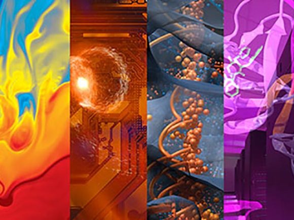 Collage of photographs of abstract imagery and visualization in technology, health sciences, and visualization