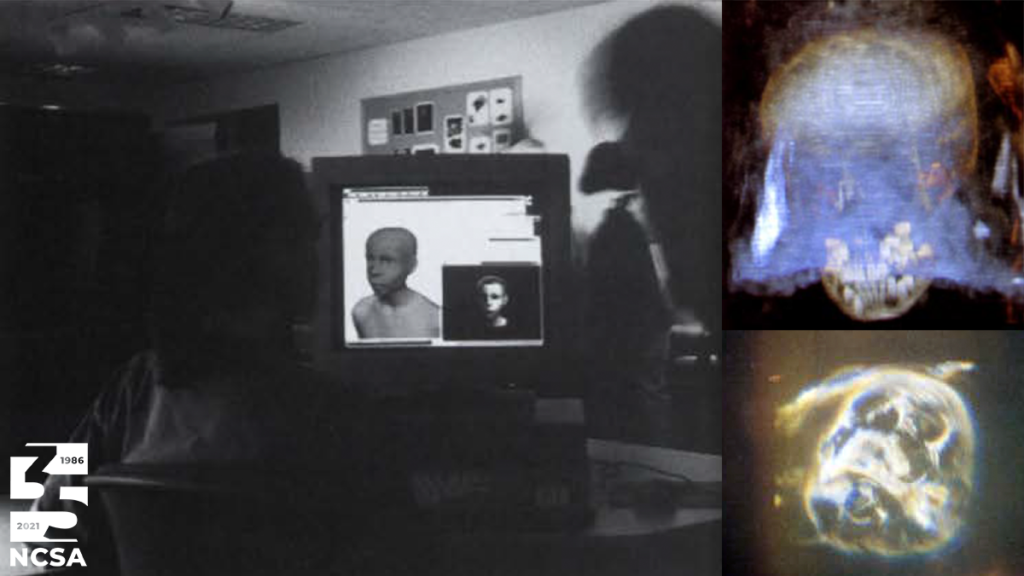 Black and white image of dark office space with computer monitor showing a visualization of how the mummy may have appeared when still living. Second top image a computer scan of the mummy's scull looking down. Third image a scan of the mummy's skull looking up.