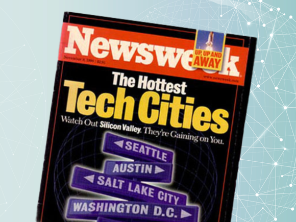 Newsweek November 1998 magazine cover on a light teal background with abstract white lines and connecting dots