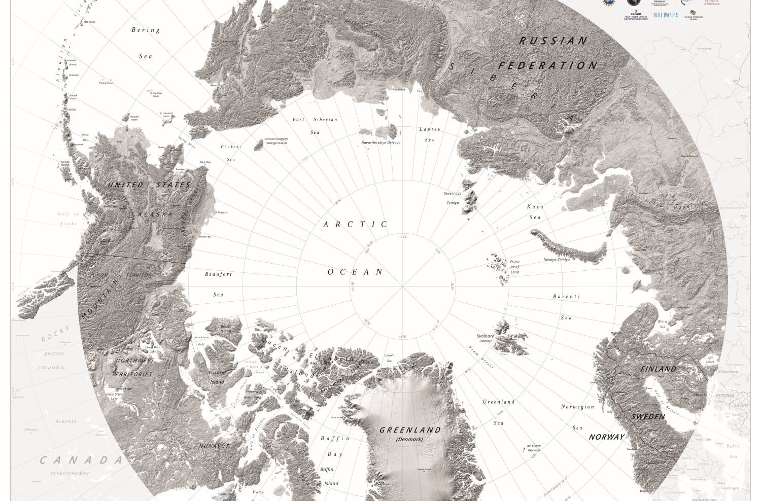 Topographic greyscale map of the Arctic Ocean and surrounding North America, Europe and Asia land masses