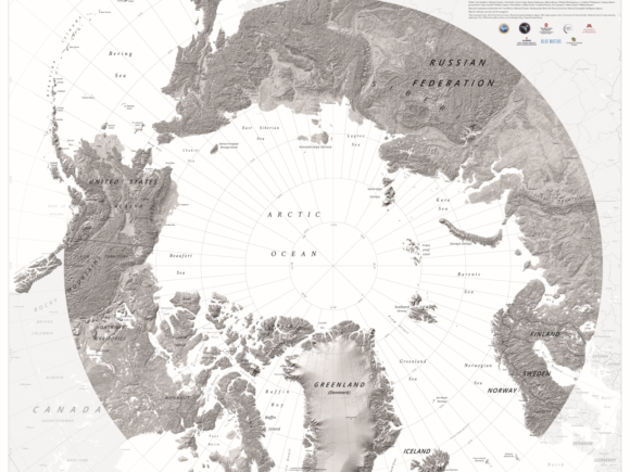 Topographic greyscale map of the Arctic Ocean and surrounding North America, Europe and Asia land masses