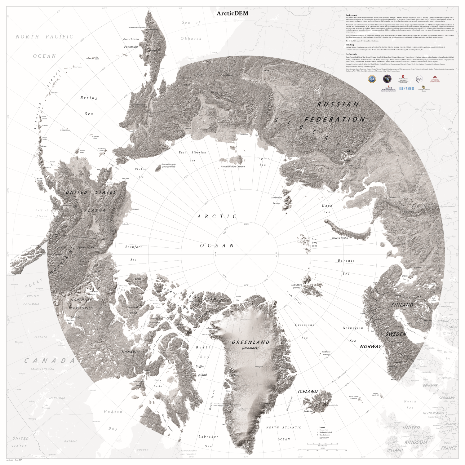Topographic greyscale map of the Arctic Ocean and surrounding North America, Europe and Asia land masses