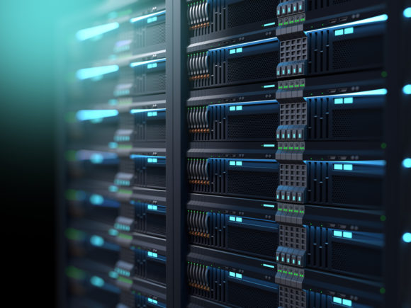 3D illustration of supercomputer server racks in a data center