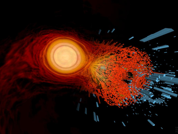 Computer simulation of two merging neutron stars with colors of exploding yellow, red, and blue