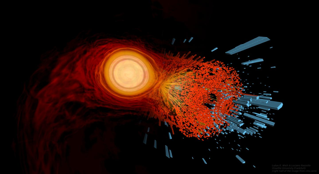 Computer simulation of two merging neutron stars with colors of exploding yellow, red, and blue