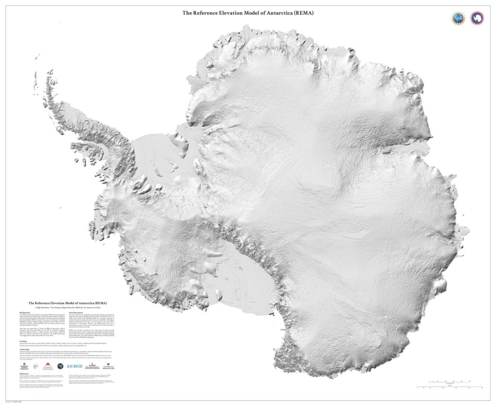 Topographic greyscale map of Antarctica with NSF and NGA logos in the upper right corner