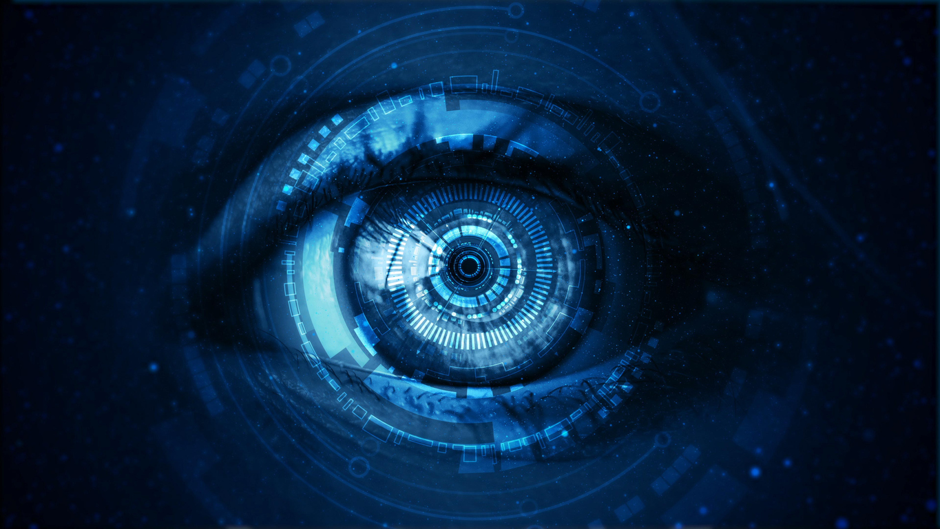 Close up of eyeball with blue hi tech digital technology screen over the eye