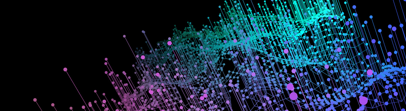 Abstract infographic of data points with connecting green, blue, and purple gradient dots and lines on dark