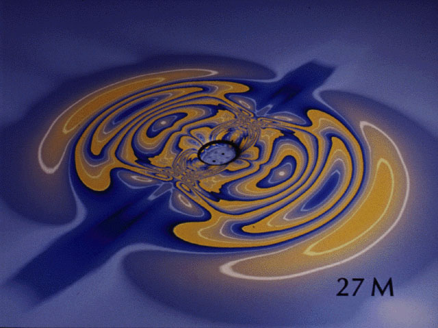 Gravitational waves visualization forming yellow and blue ripples around a central object