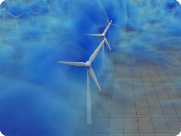 Visualization of a windmill farm with blue clouds representing air currents