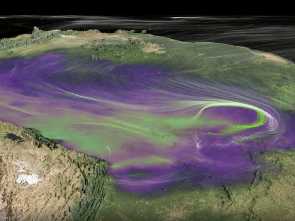 Amazonian vapor flux visualization with a topographic map and vapor data ranging from purple to green.