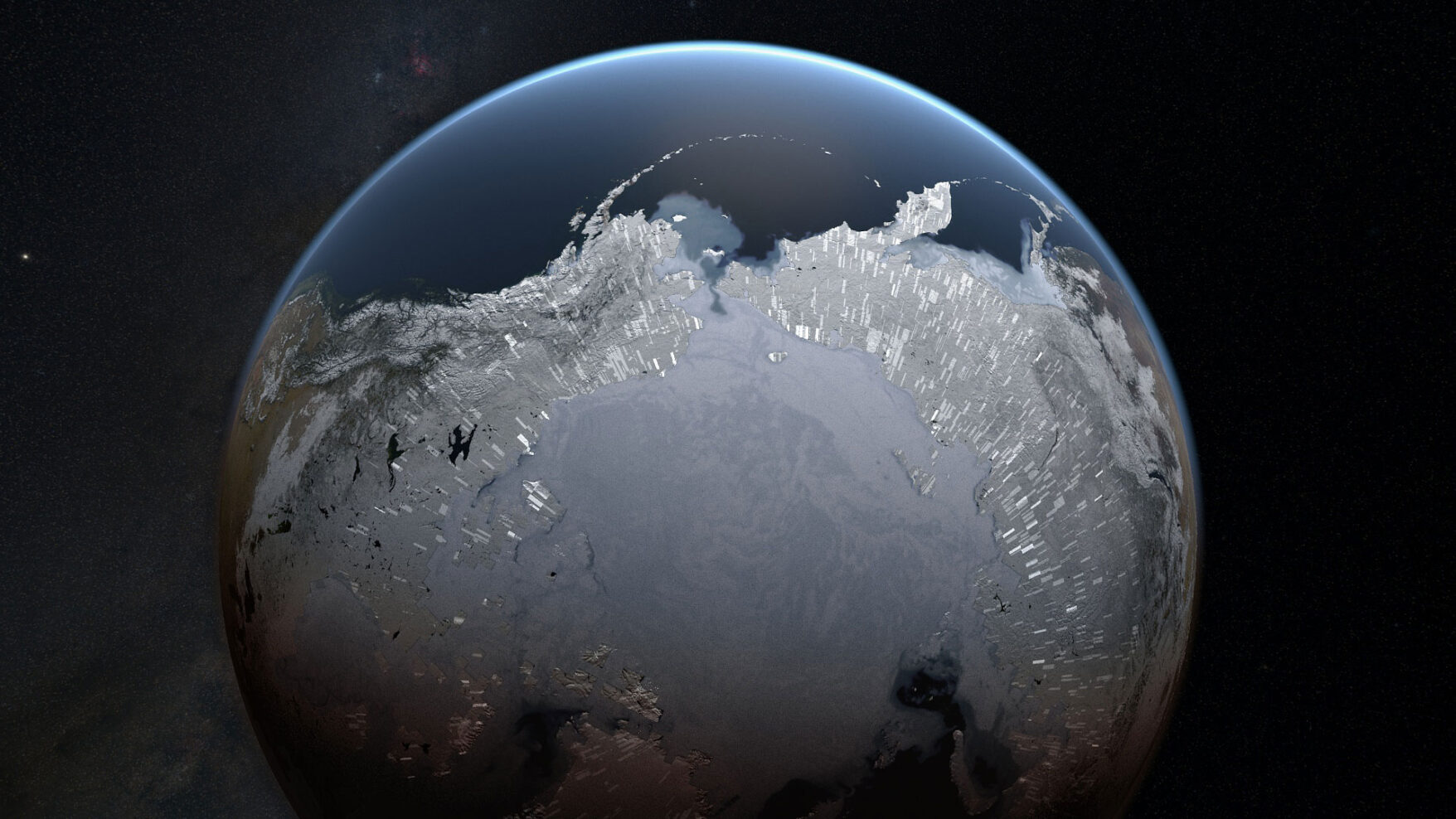 Rendering of Earth's reflective arctic pole from outer space with a silver glimmer around the Earth's edge. Earth is surrounded by darkness