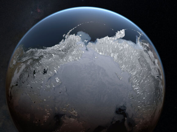 Rendering of Earth's reflective arctic pole from outer space with a silver glimmer around the Earth's edge. Earth is surrounded by darkness