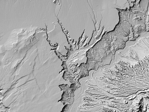 Shaded relief rendering of EarthDEM data showing the Virgin River, Nevada. DEM derived from Maxar imagery. Credit: EarthDEM Project.