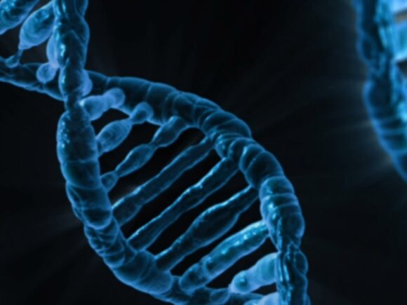 Gradient blue DNA strands on a black background