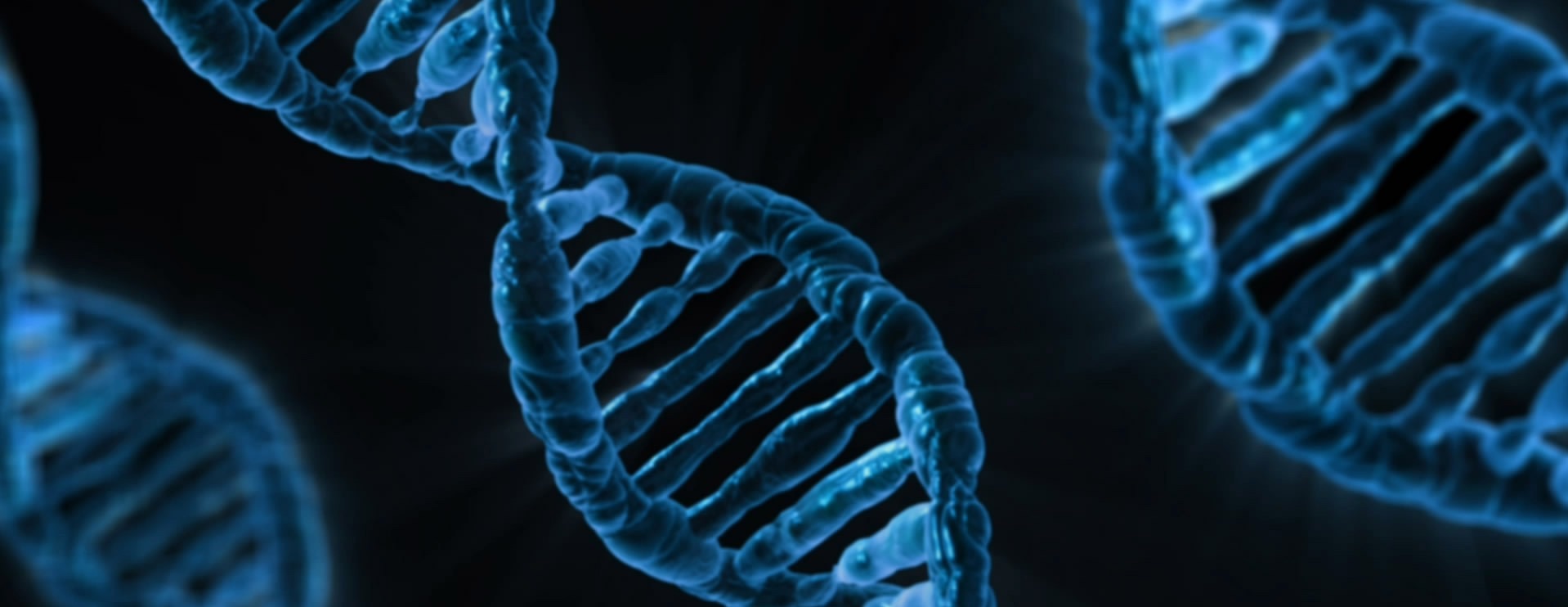 Gradient blue DNA strands on a black background