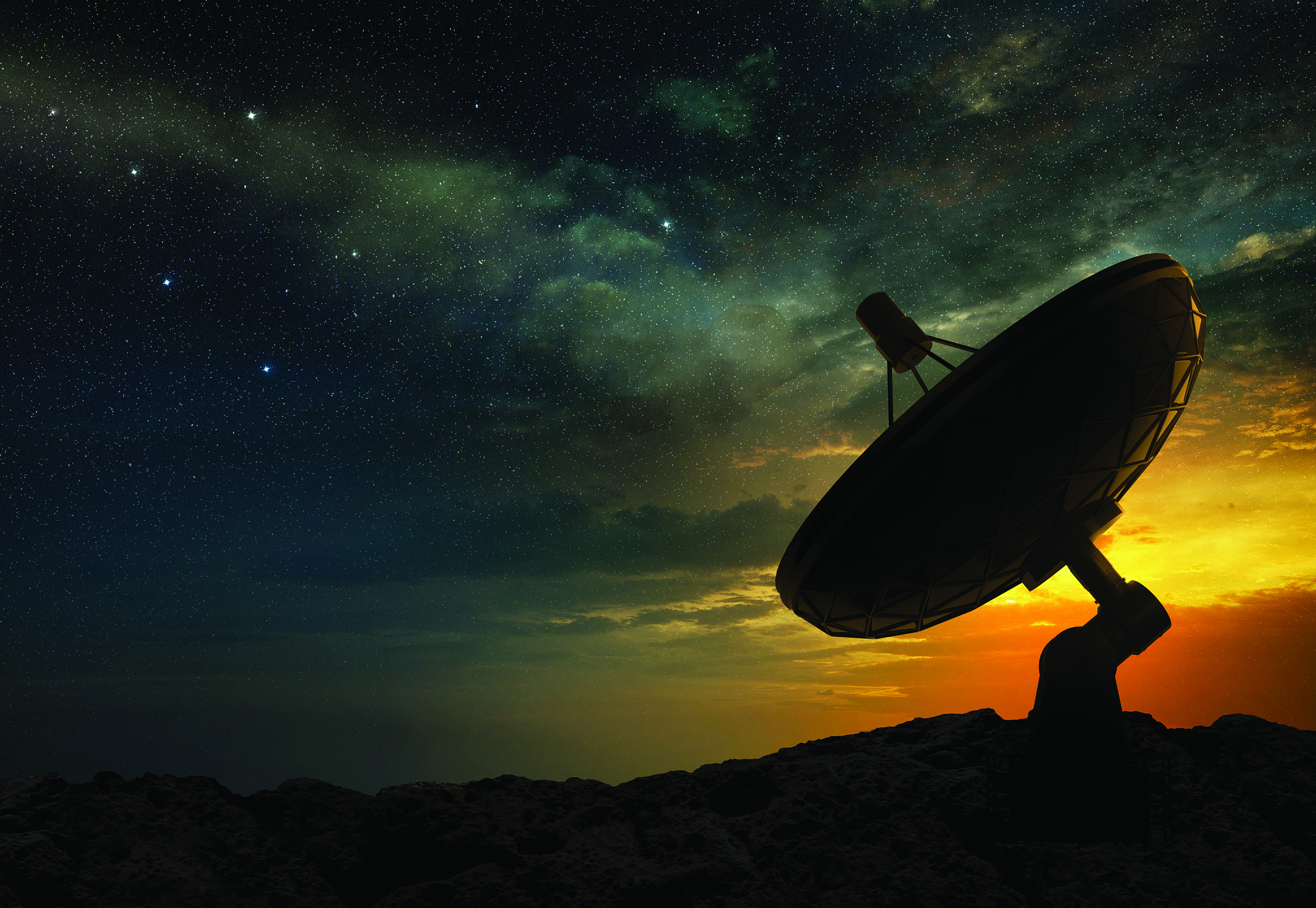 3D illustration of a radio telescope at sunset, silhouetted by the light and a starry sky with clouds