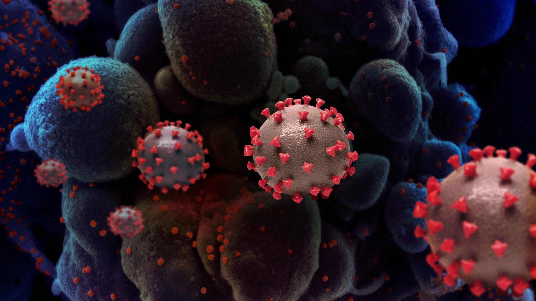 Creative computer rendition of red SARS-COV-2 virus particles on a darker blue and black background.