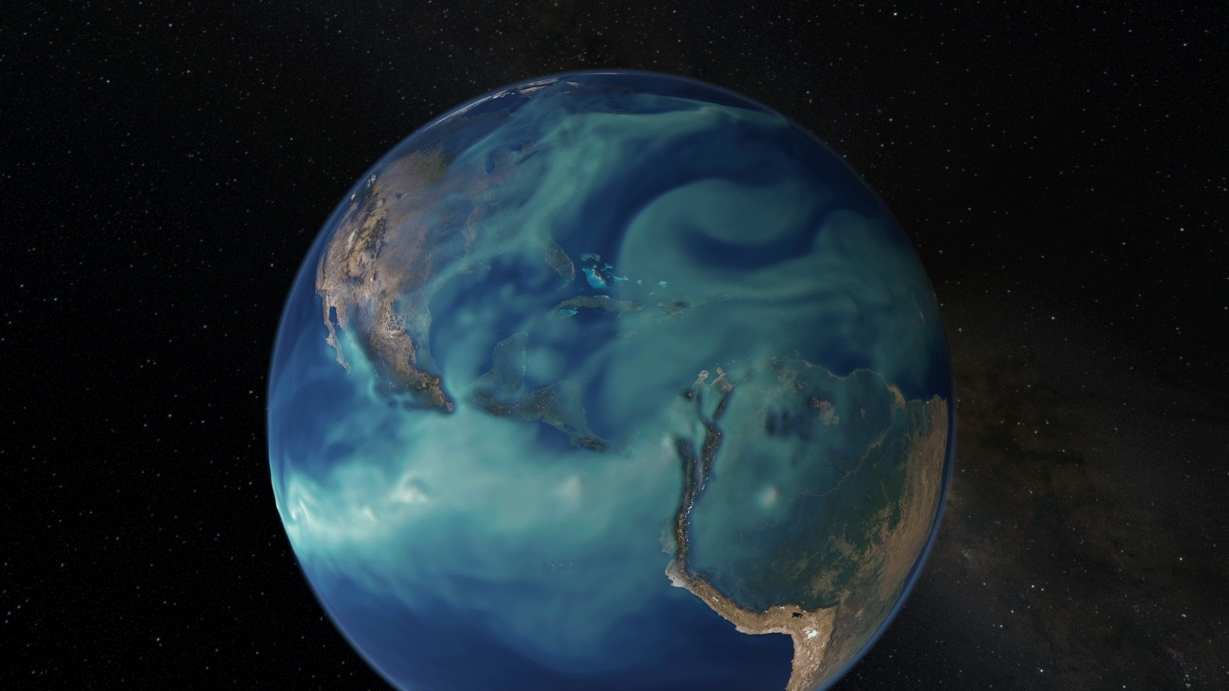 Screenshot from the documentary Atlas of a Changing Earth showing Earth from outer space with North and South America experiencing widespread flooding