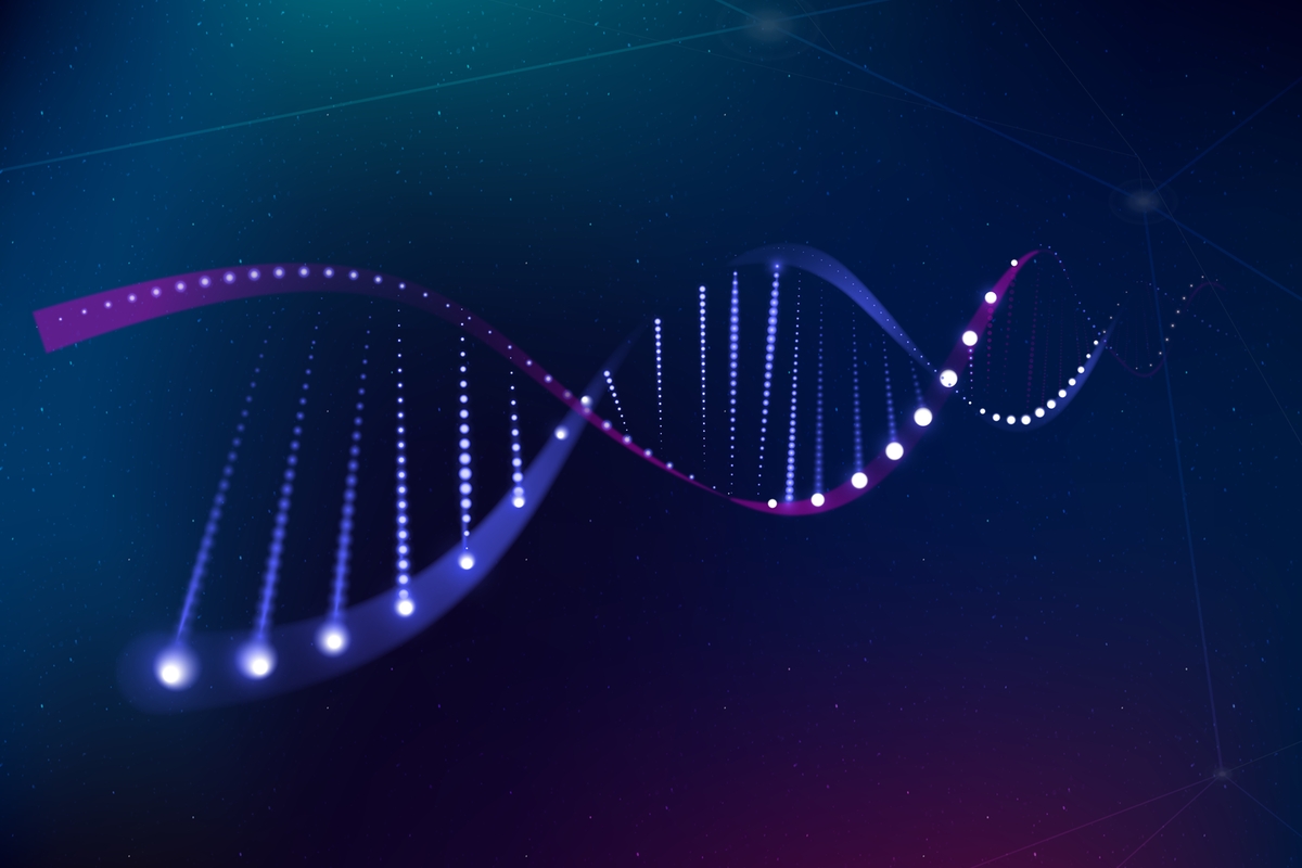 Artistic rendition of a horizontal purple and indigo gradated double helix on a green and blue gradient background. Parts of the helix have white decorative illumination.