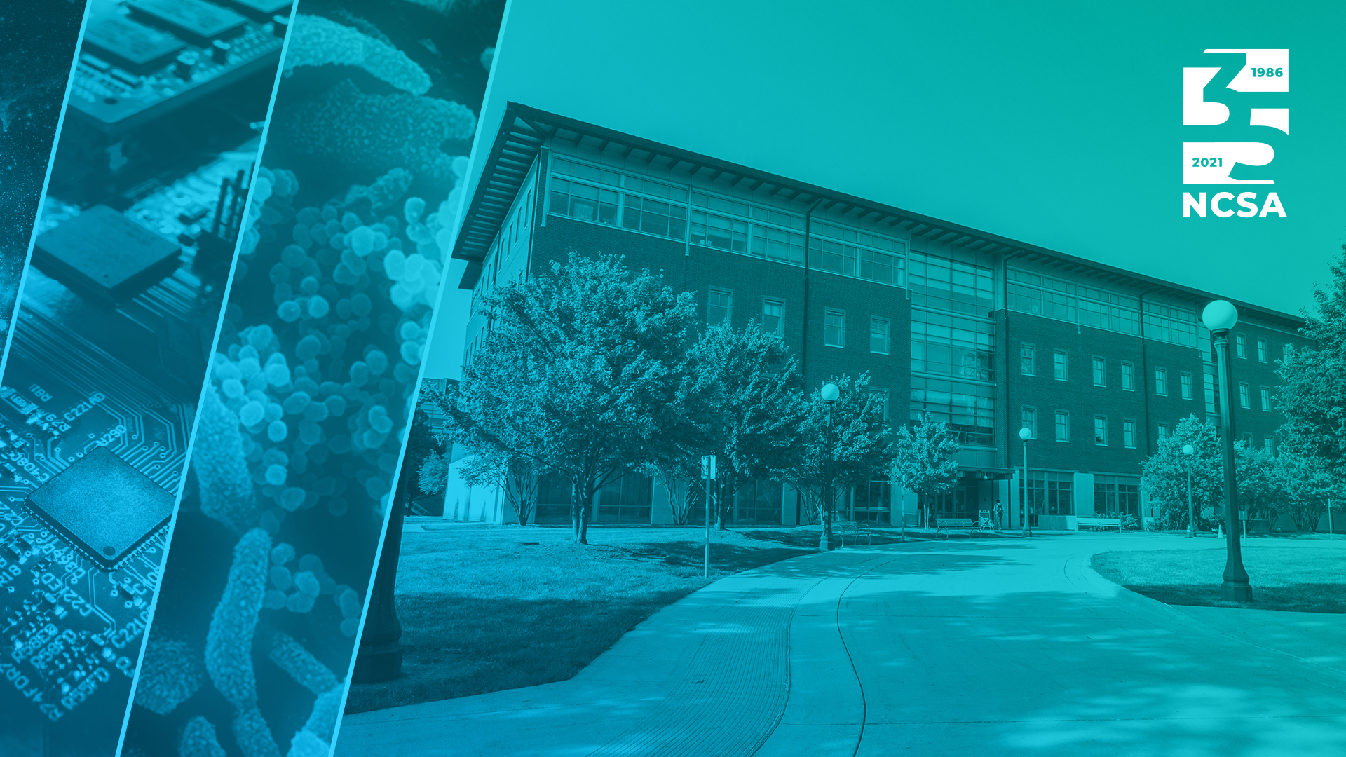 NCSA 35-year stylized graphic in a blue and teal gradient filter imposed on NCSA's administrative building with molecules and computer chips to left of the viewer.