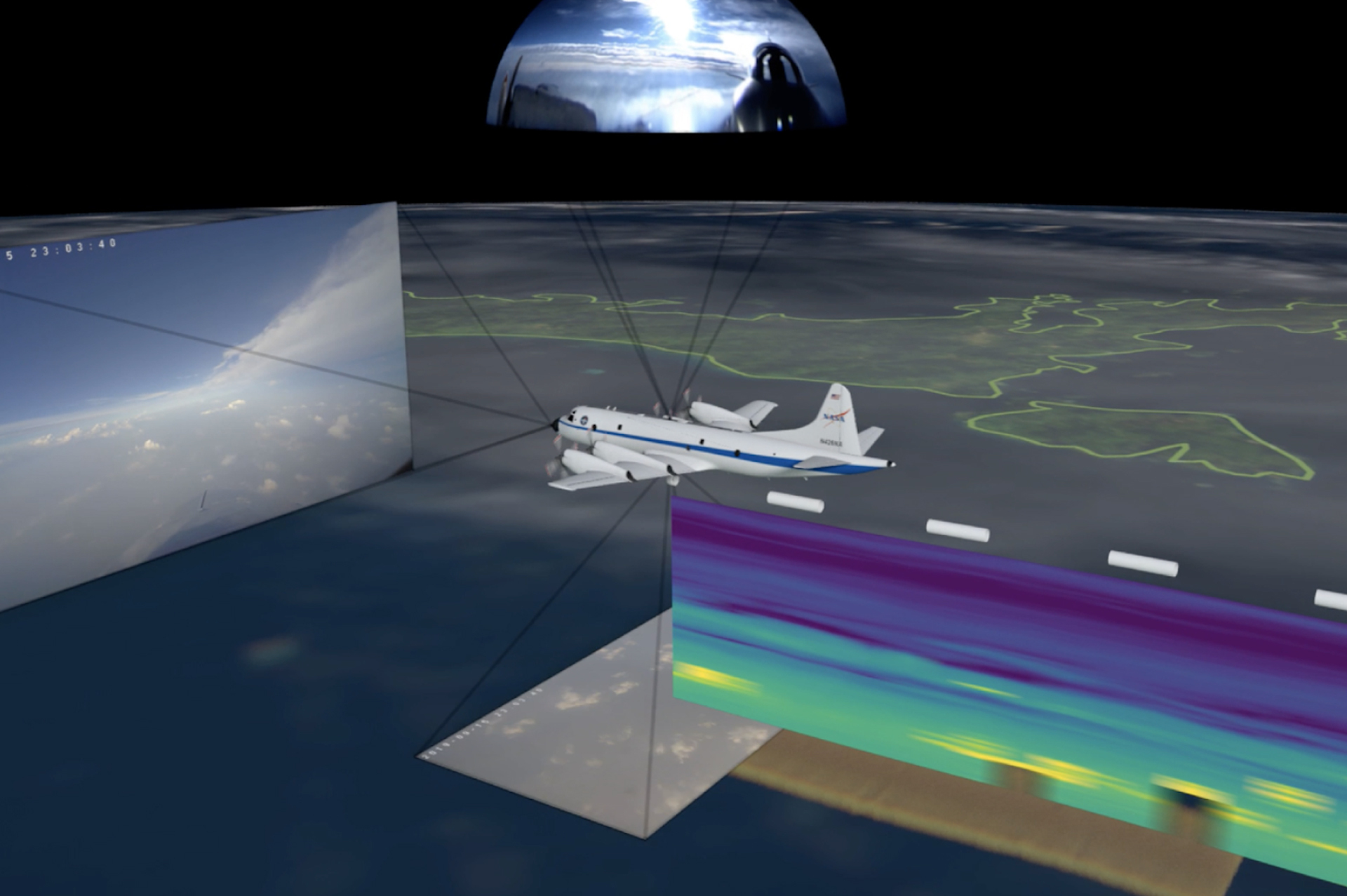 A visual iteration of NASA's CAMP2Ex field campaign with a simulated airplane flying in the sky above an open ocean in the Phillippines.