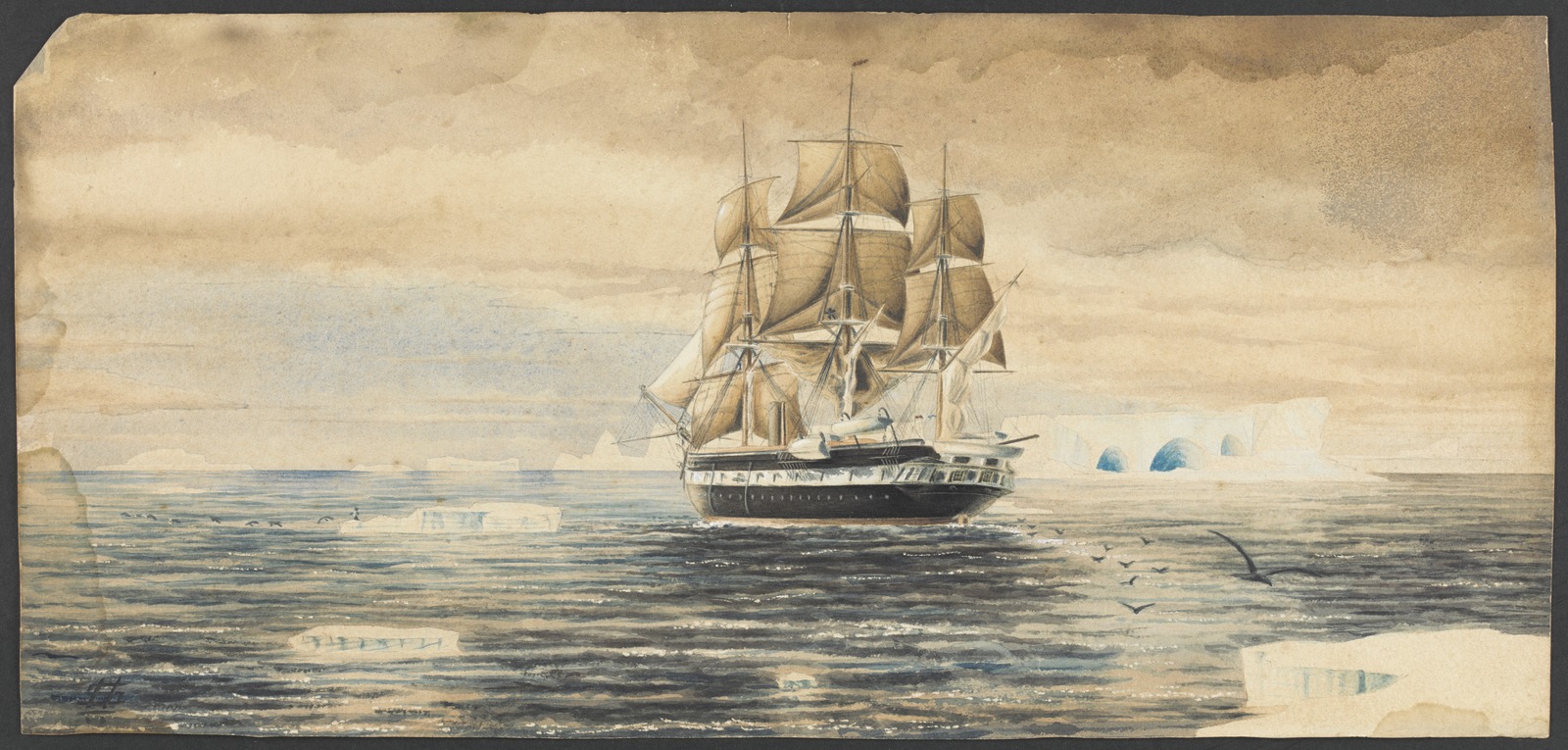 A painting of the HMS Challenger ship sailing the oceans of the Arctic.