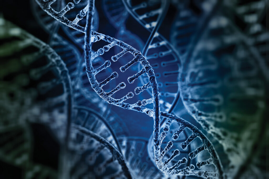 Stylized visualization of DNA strands in hues of blue and green.
