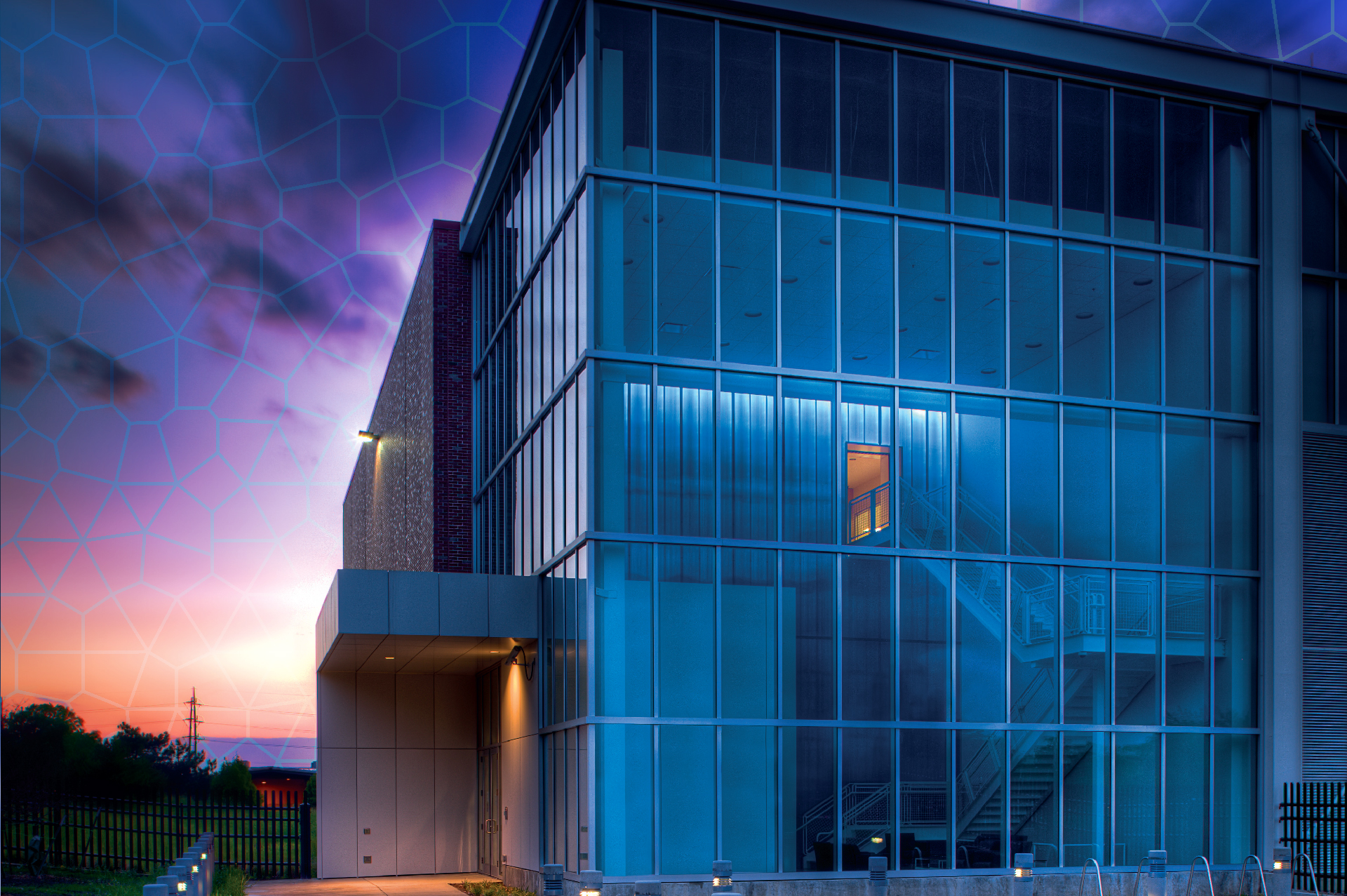 Cerebras front pattern on their systems can be seen overlaid in the sky of NPCF in hues of orange/purple.