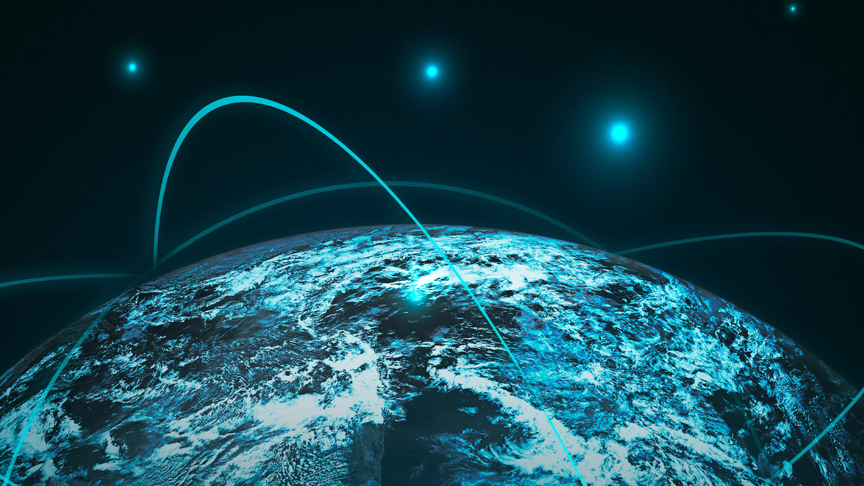 A stylized graphic of networking around the globe in shades of blue, dark teal and aqua.