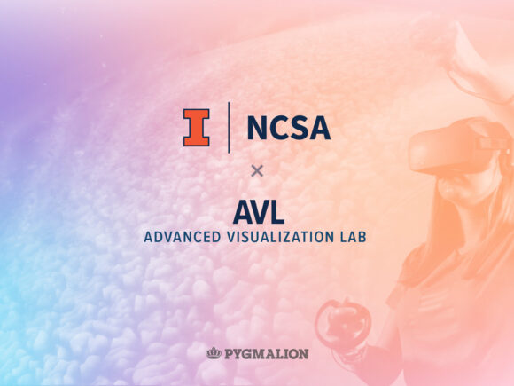 A stylized graphic of a female in a VR headset with NCSA, AVL and Pygmalion logos.