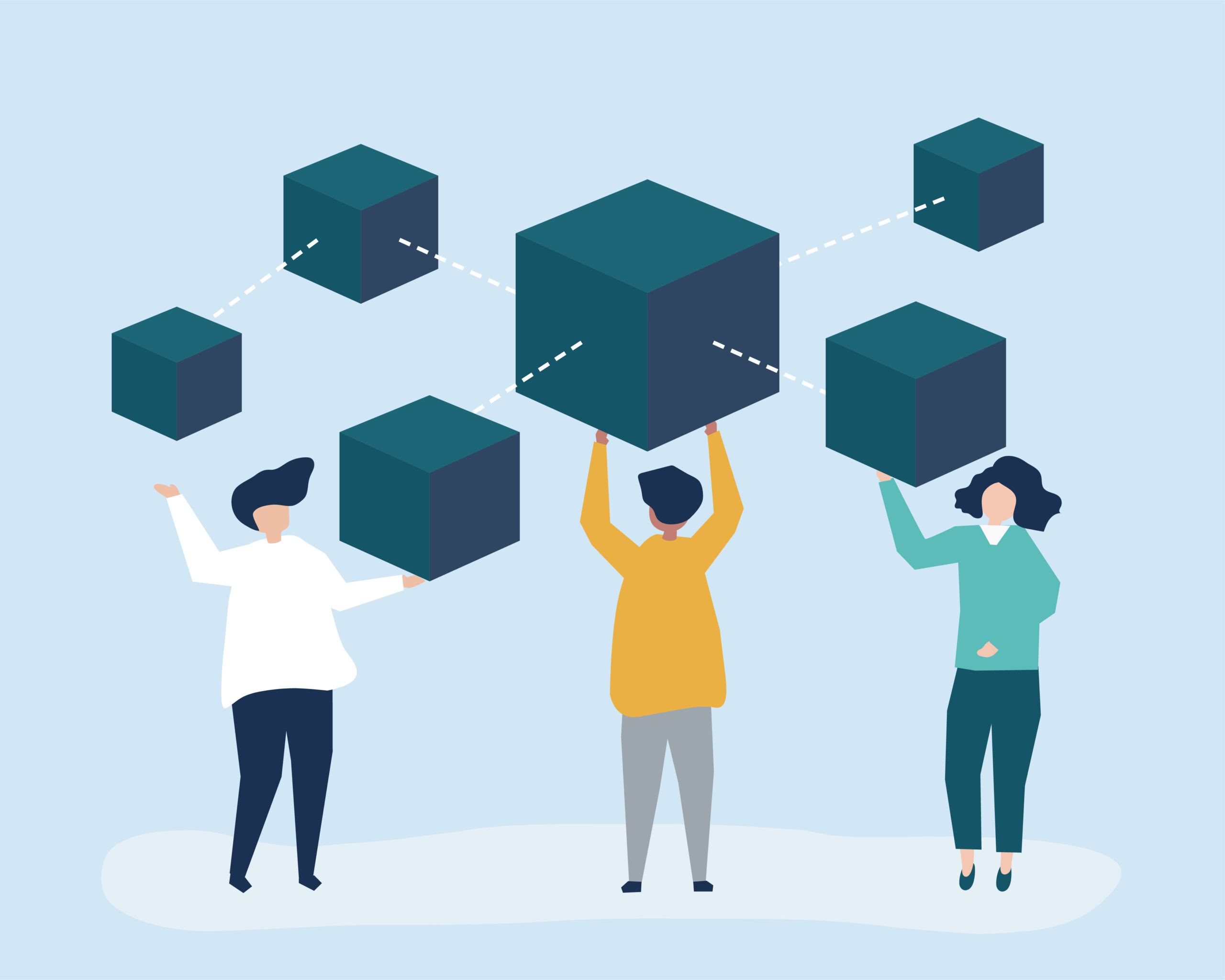 Characters of people holding a blockchain network illustration