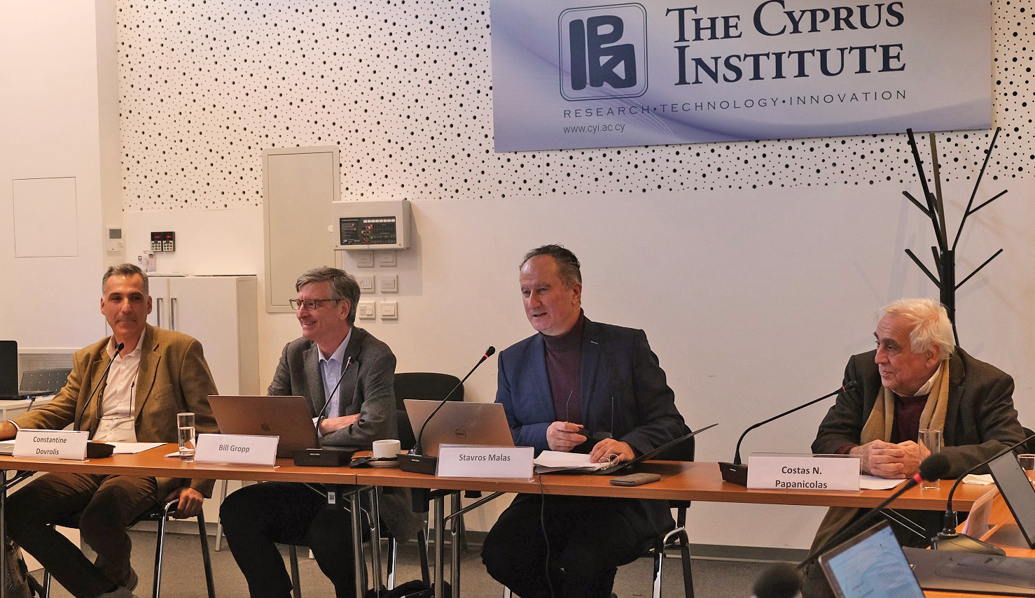 From left to right: Constantine Dovrolis, director, CaSToRC; Bill Gropp, director, NCSA; Stavros Malas, president, The Cyprus Institute; Costas N. Papanicolas, professor and CEO, The Cyprus Research and Educational Foundation (CREF)