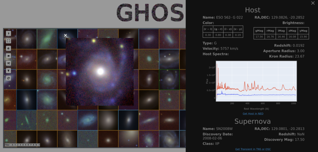 A screenshot of a website Gagliano created showing the properties of all galaxies that have hosted supernovae in the GHOST catalog in a grid format.