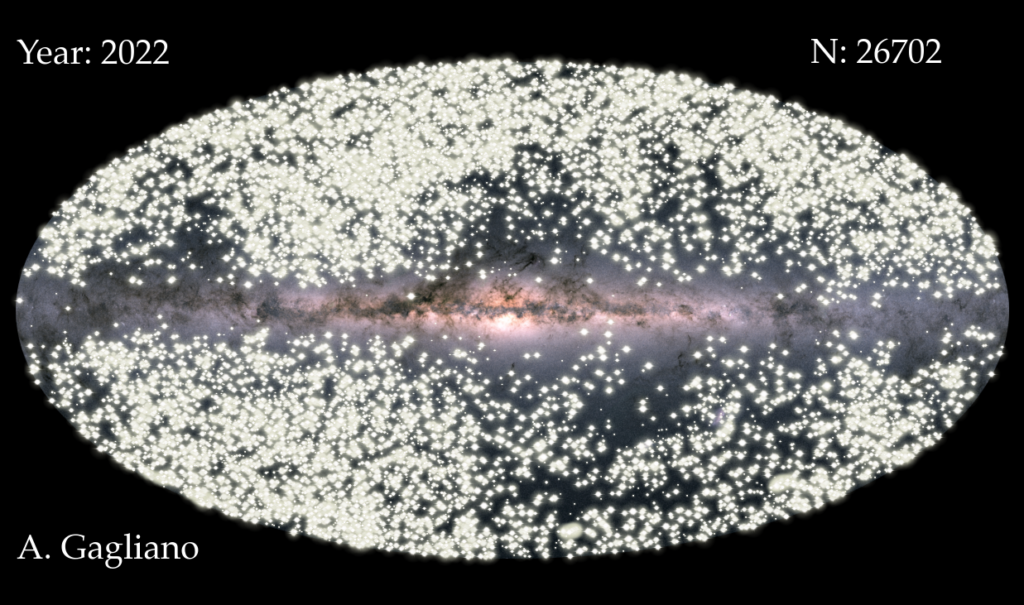 A scientific visualization of a sky map with supernovae explosions overlaid on top of galaxies where they occured.