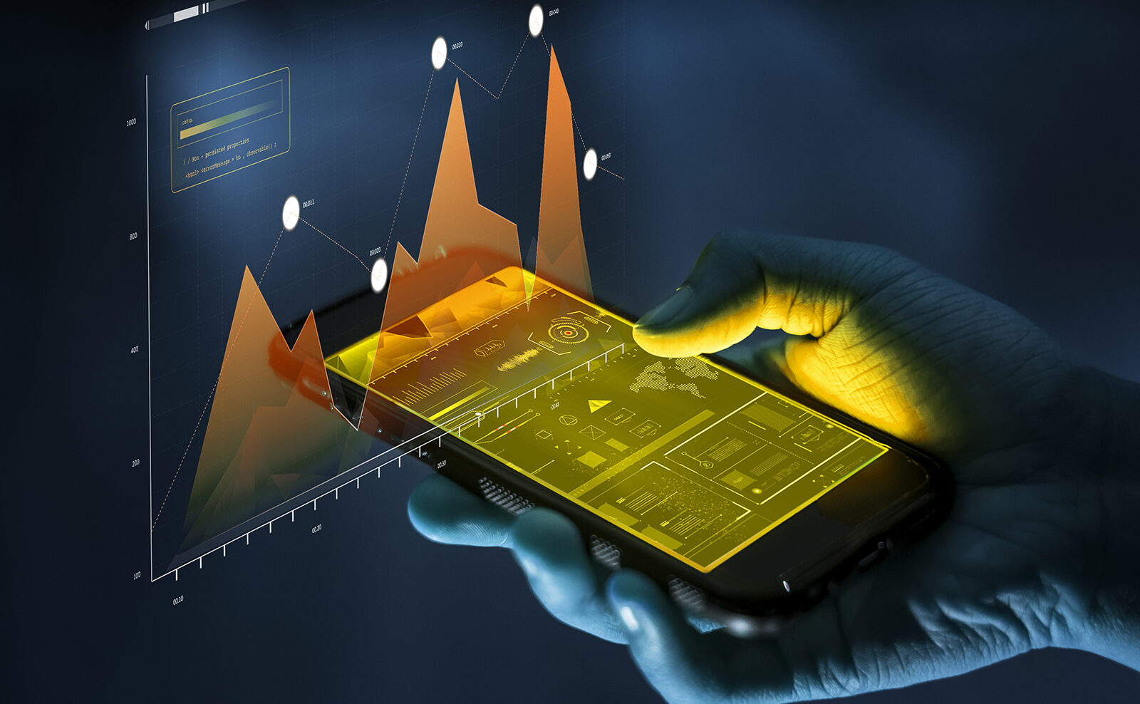 Smartphone analysis concept image - a person holding a smartphone with graphs overlaid